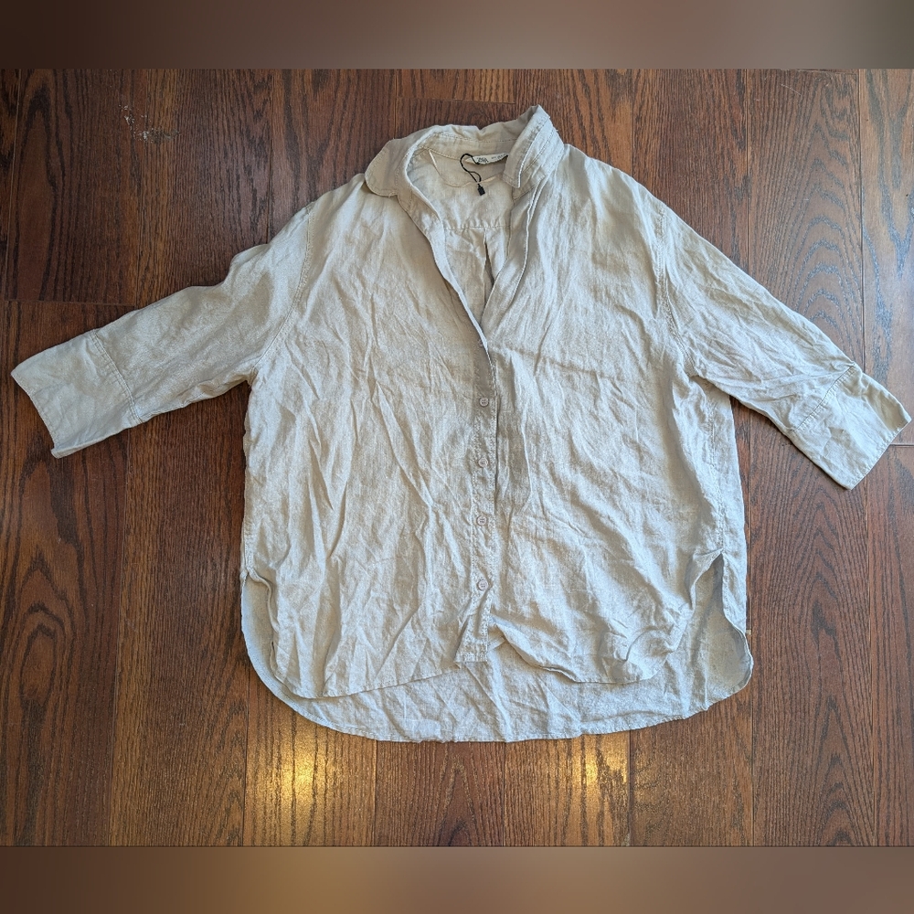 Zara Gray Linen Top M Lagenlook Loose Summer Granola NEW Pullover Spring